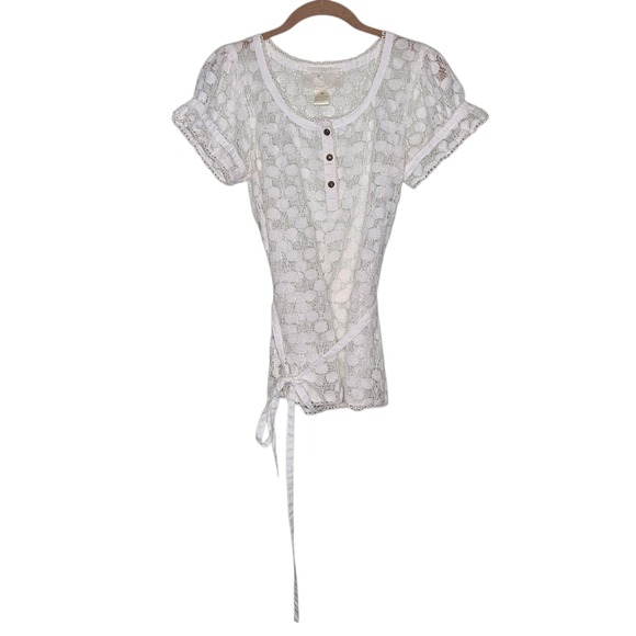 Nick & Me Lace Shirt White Size M Short Sleeve Button Up Top Belt Bow Cottage - Picture 1 of 10